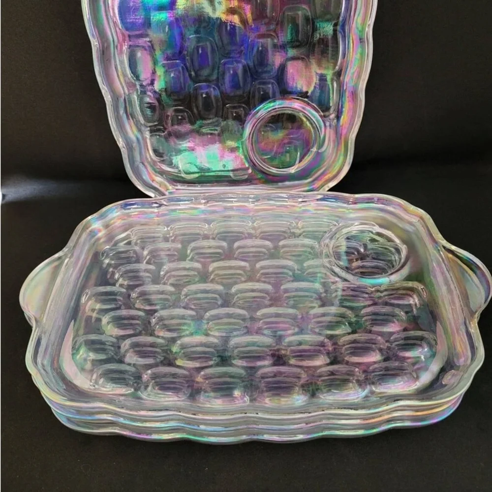 4 Piece Set Federal Glass Vintage 80s SNACK SERVING TRAYS CLEAR W BUBBLE DESIGN